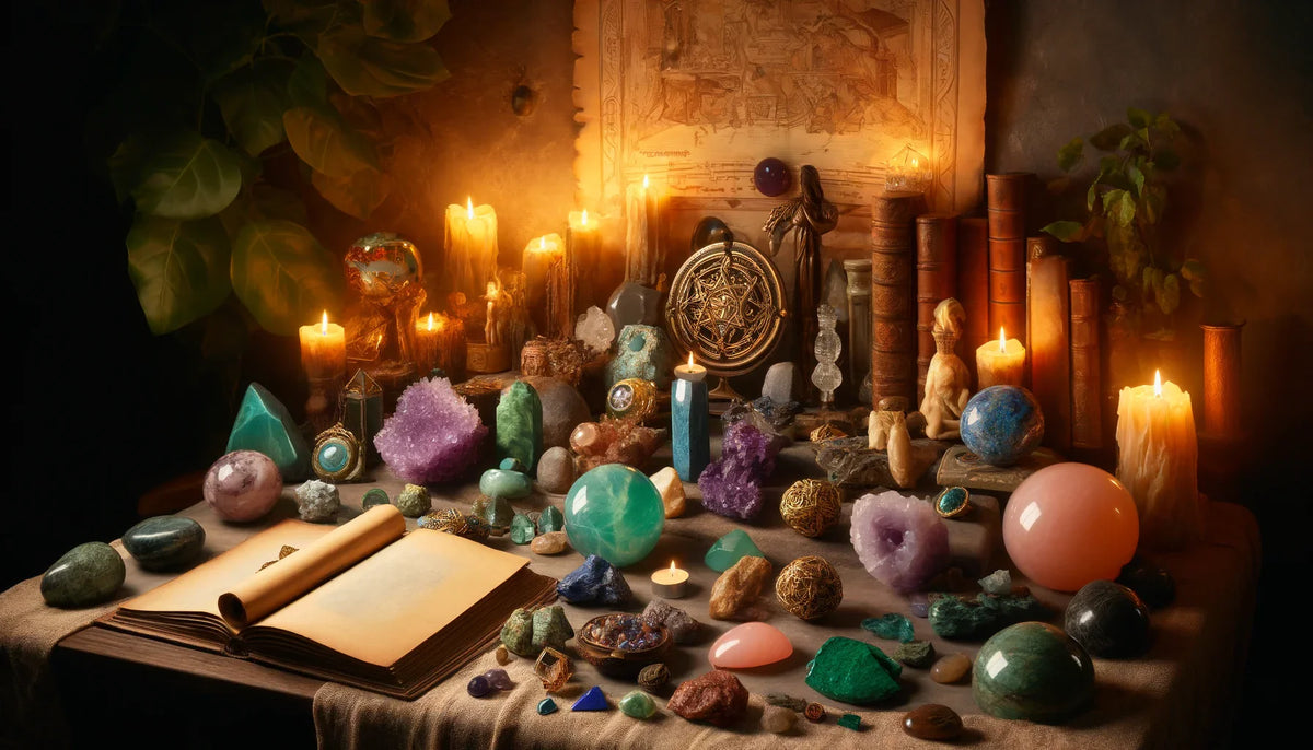 imaginea cu pietre semiprețioase alături de artefacte istorice, pergamente antice și lumânări, care creează o atmosferă mistică și evocă legăturile lor cu legendele și utilizarea lor de-a lungul timpului.