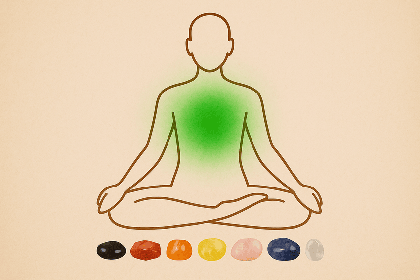 o silueta de om care mediteaza in pozitia lotus cu chakra inimii activ si avand cristale pozitionate in fata acestuia