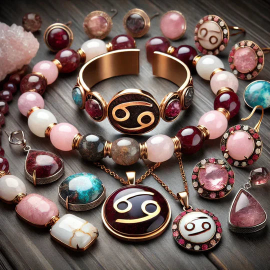 BIJUTERI PIESE SEMIPRESIOASE CUART ROZ SI BRATARA CU SEMNUL ZODIEI RAC