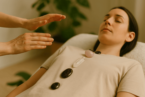 o femeie intinsa pe pat de terapie pe care sunt asezate longitudinal cristale de diferite culori  